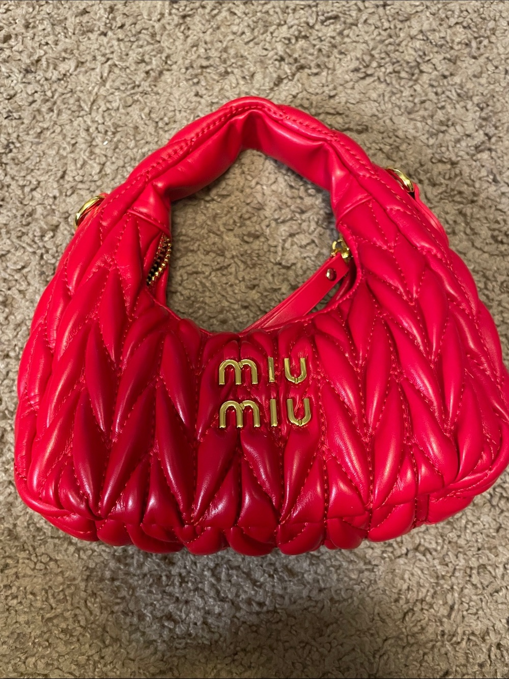 Miu Miu Bright Red Quilted Leather Shoulder Bag with Gold Logo